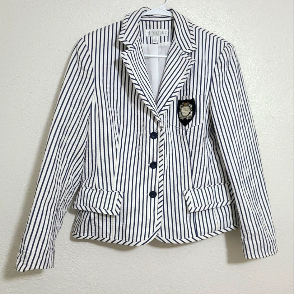 Preppy d. Terrell Ltd. Monogrammed Blue White Striped JACKET Blazer Size 12